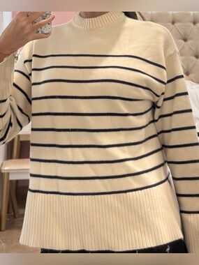 Zara Cream and Navy Striped Turtleneck Sweater